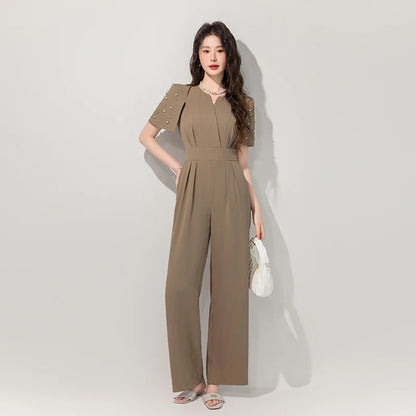 Women's Luxury Diamond-Studded Jumpsuit – Slim Fit Wide Leg Palazzo Pants, Autumn Short Sleeve Romper with High Waist.