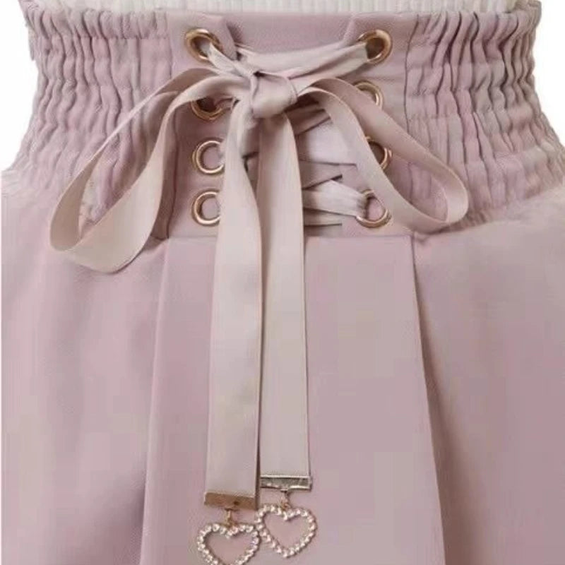 Jirai Kei Sweet Lolita Skort 2024 Summer - Double Bowknot High Waist Short Skirt with Leather Buckle Slim Fit Adjustable Waist.