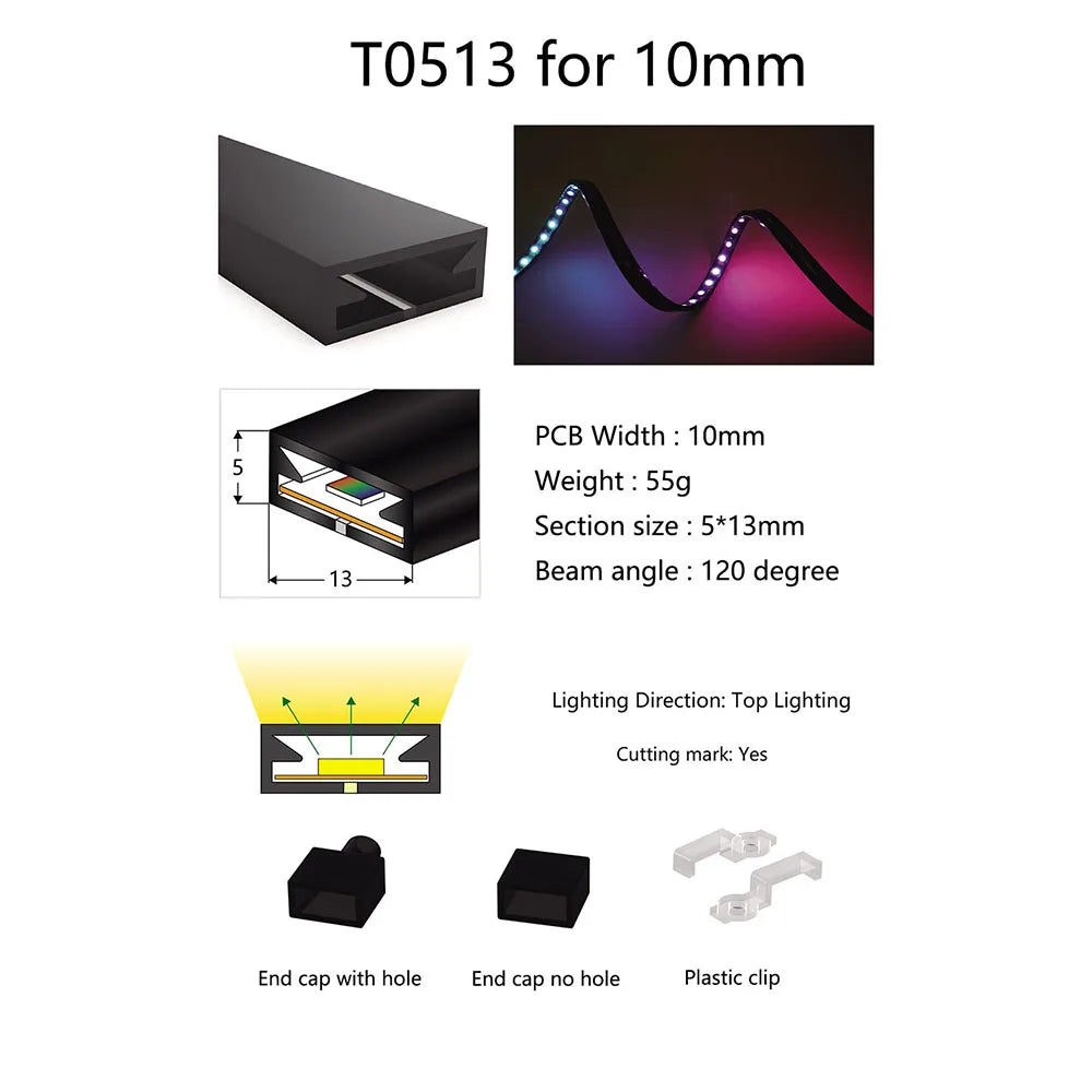 LED Silicone Neon Tube T0511 T0513 T0515 T0308 Flexible Protection Cover Transparent Matte Black Milky For 6-12mm WS2812  Strip