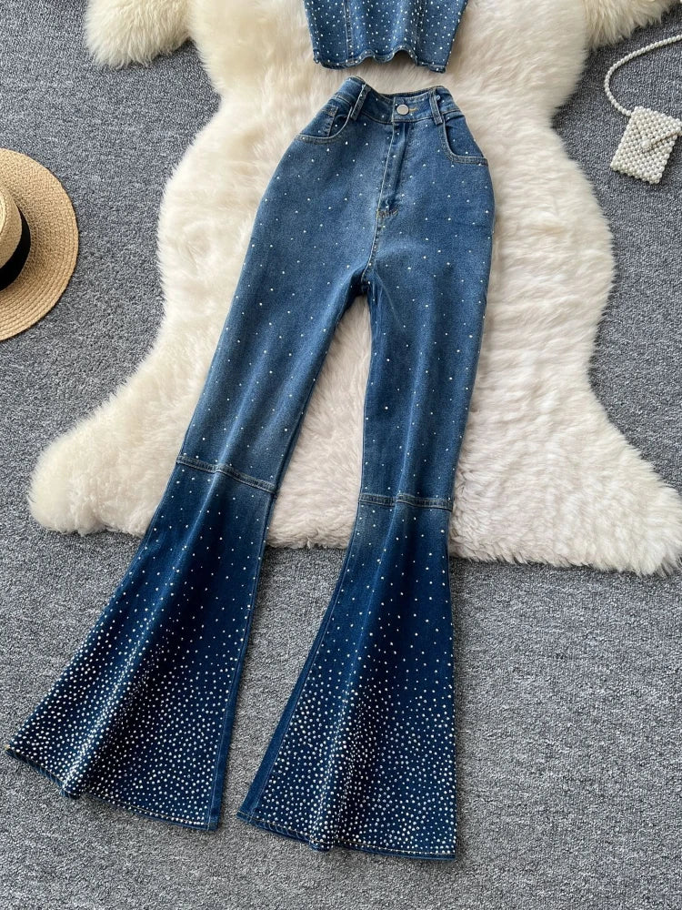 Denim Pant Set Women Two Piece Sets Sexy Matching Sets Sleeveless Short Tops Long Flare Pants High Waist Slim Hot Diamond.