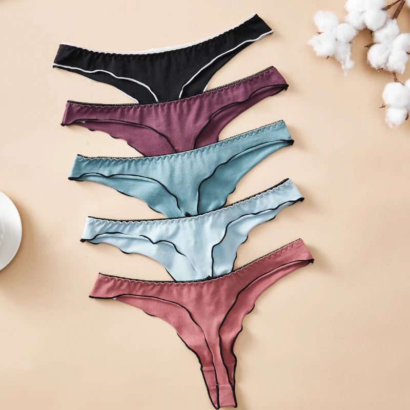 4pcs women's cotton solid color thong sexy comfortable women's underwear daily breathable T-back knitted bow cute girl low-waist.