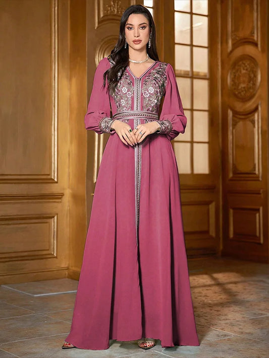 Eid Frauen Kleid Abaya Kaftan Muslimischen V-ausschnitt Stickerei Party Robe Jalabiya Ramadan Marokko Dubai Kaftan 2025, Vestidos Largos