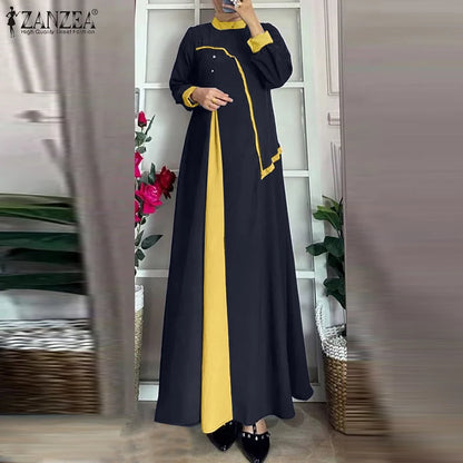 ZANZEA Women Autumn Patchwork Long Sleeve Maxi Dresses Muslim Turkey Abaya Dress Hijab Sundress Robe Femme Loose Vestidos Kaftan.