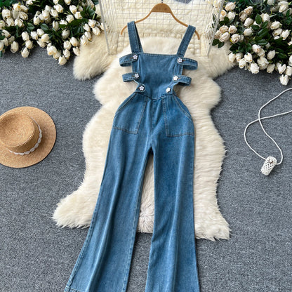 Jumpsuits Women Denim Suspender Jeans One Piece Wide Leg Pants Washed Mom Distressed Pockets Trousers Summer 2025 Streetwear.