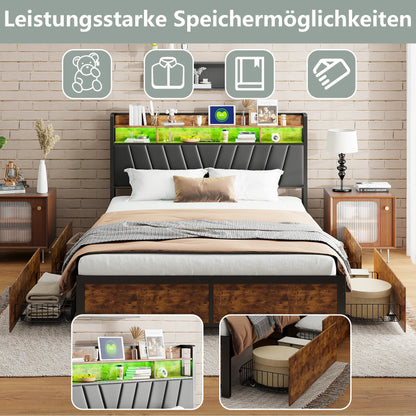 Lazyspace Metall-Doppelbett 160 x 200 cm mit 4 Schubladen, Bettrahmen mit USB-Ladeanschluss und LED-Kopfteil, schwarz, ohne Matratze