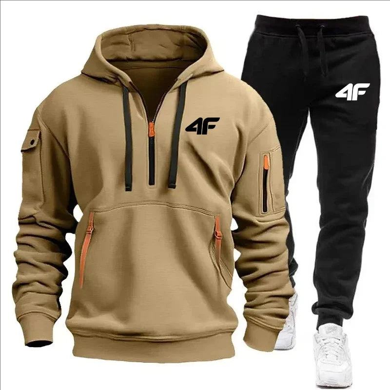 Autumn and winter casual jogging sportswear with zipper hood and multiple pockets, 2-piece set, large-sized S-3XL men's suit.