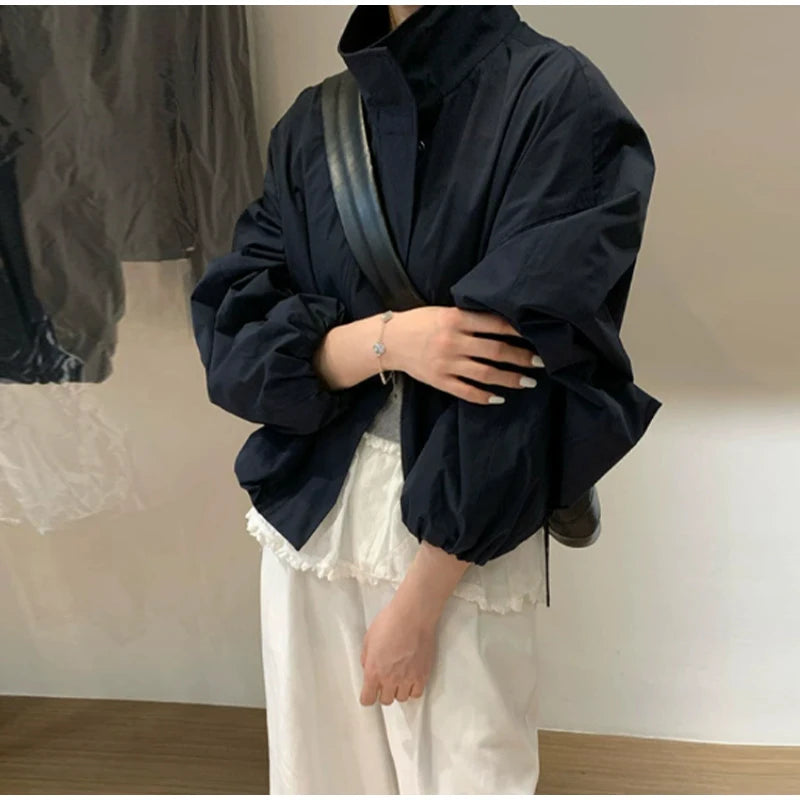 Straße Solide Zipper Dünne Jacke Frauen Stehen Kragen Volle Hülse Kordelzug Straße Jacken 2025, Herbst Dame Casual Outwears Neue.