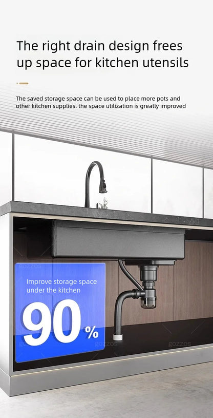 Black 304 Stainless Steel Kitchen Sink Household Multifunction Wash Dish and Vegetables Basin Large Single Slot Undermount Basin