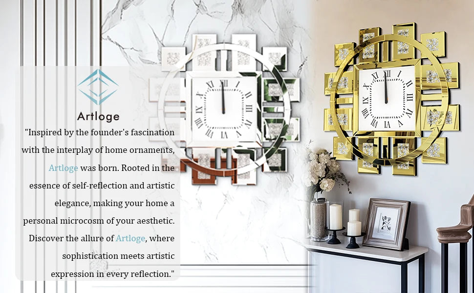 Wanduhr 60 cm/24 Zoll, runde Uhr mit zerkleinertem Diamant-Dekor, abgeschrägter Spiegelkantenrahmen, golden/silber, für Einstieg, Wohnzimmer, Büro