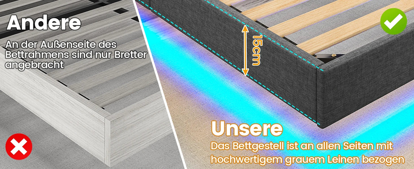 140 x 200 Lattenrost aus Holz mit LED-Beleuchtung, Plüsch, 140 x 200 cm, gepolstertes Bett, graues Leinen-Kopfteil, Schlafzimmermöbel