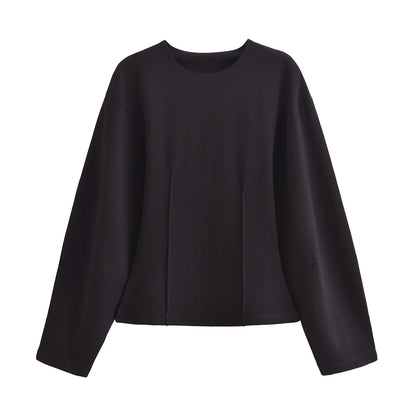 HH Women's 2-Piece Set Fashion Slimming Double-Sided Fabric Round Neck Long-Sleeve Top+Elegant Stretch Casual Wide Leg Pants