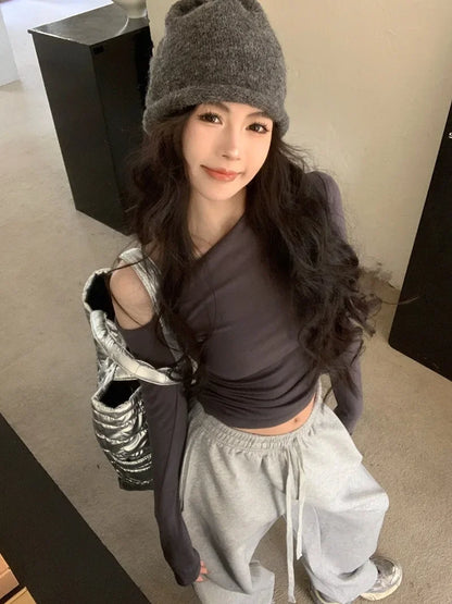 SexySpicy Girl Style Blackoff-the-Shoulder Long Sleeve T-shirt Slimming Smooths Your Silhouette Nefarious Crossbody Top For Wome