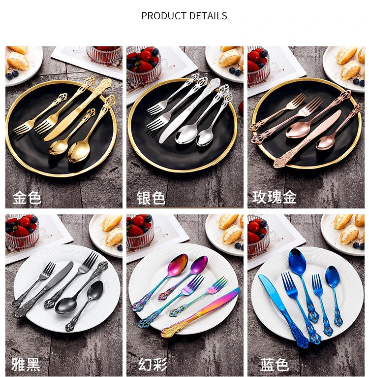 Golden Stainless Steel Cutlery Set Royal European Spoon Fork Complete Tableware Retro Design Dishwasher Safe Elegant Flatware.