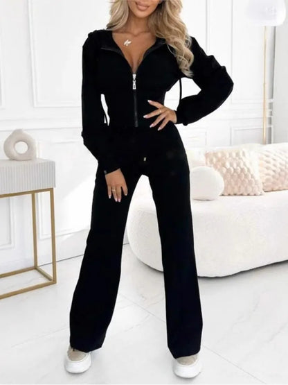 Women's Casual Set Fashion Sports Hooded Zip Tops+High Waist Wide Leg Pants 2 Piece Sets For Women Holiday Clothes Autumn Winter.