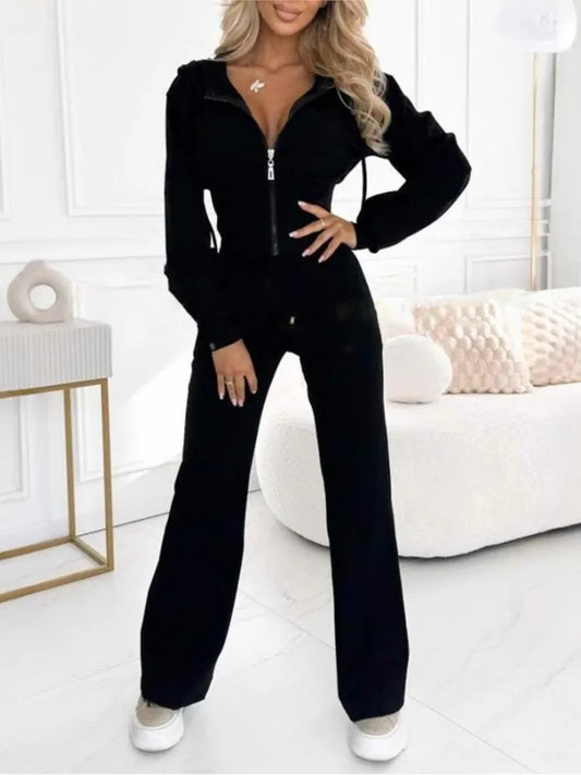 Women's Casual Set Fashion Sports Hooded Zip Tops+High Waist Wide Leg Pants 2 Piece Sets For Women Holiday Clothes Autumn Winter.