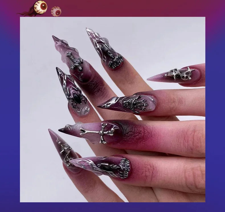 Halloween Cool Spice Style Spider Skull False Nails Purple Halo Dyeing Detachable Finished Fake Nails Press on Nail with Glue.