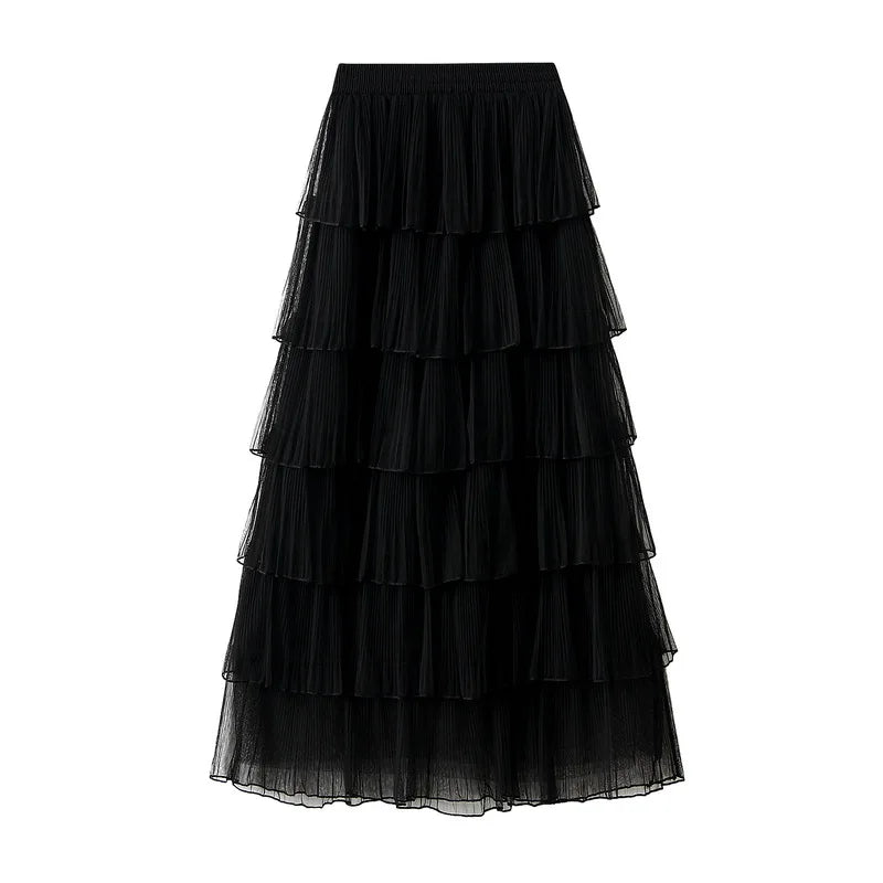 Beiyingni Woman Mesh Long Midi Cake Skirt Solid Color Elegant French Tiered Fairy Tulle Skirts Khaki Casual High Waist Faldas.