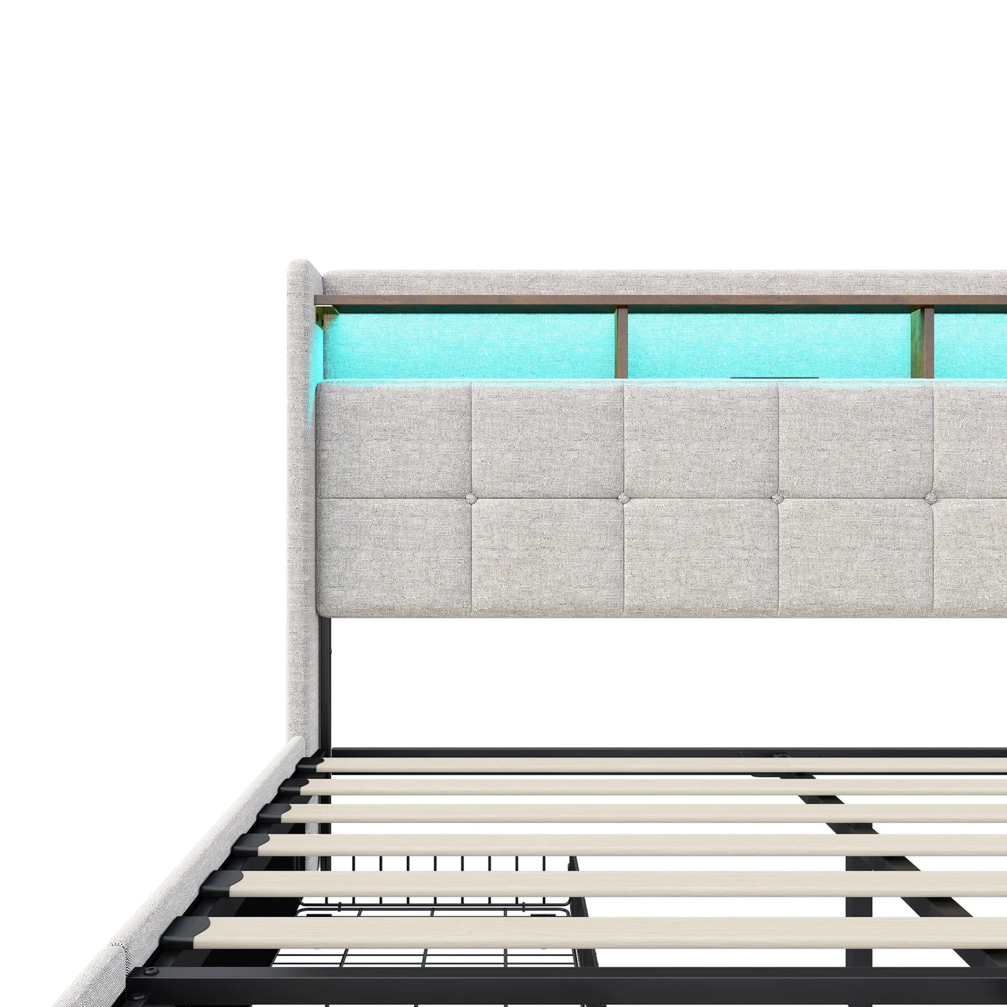 Lazyspace Bettgestell aus Leinen mit Stauraum, gepolstertes Bett mit 4 Schubladen, LED-Licht und USB-Aufladung vom Typ C, Schlafzimmermöbel