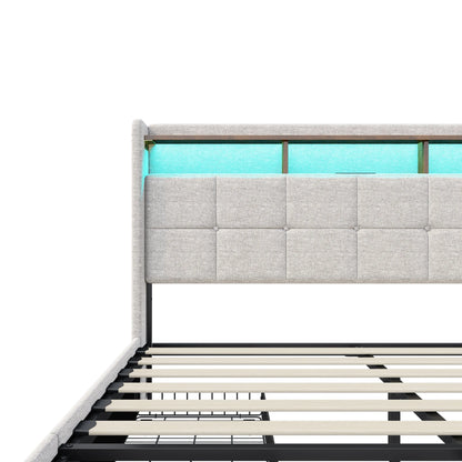 Lazyspace Bettgestell aus Leinen mit Stauraum, gepolstertes Bett mit 4 Schubladen, LED-Licht und USB-Aufladung vom Typ C, Schlafzimmermöbel