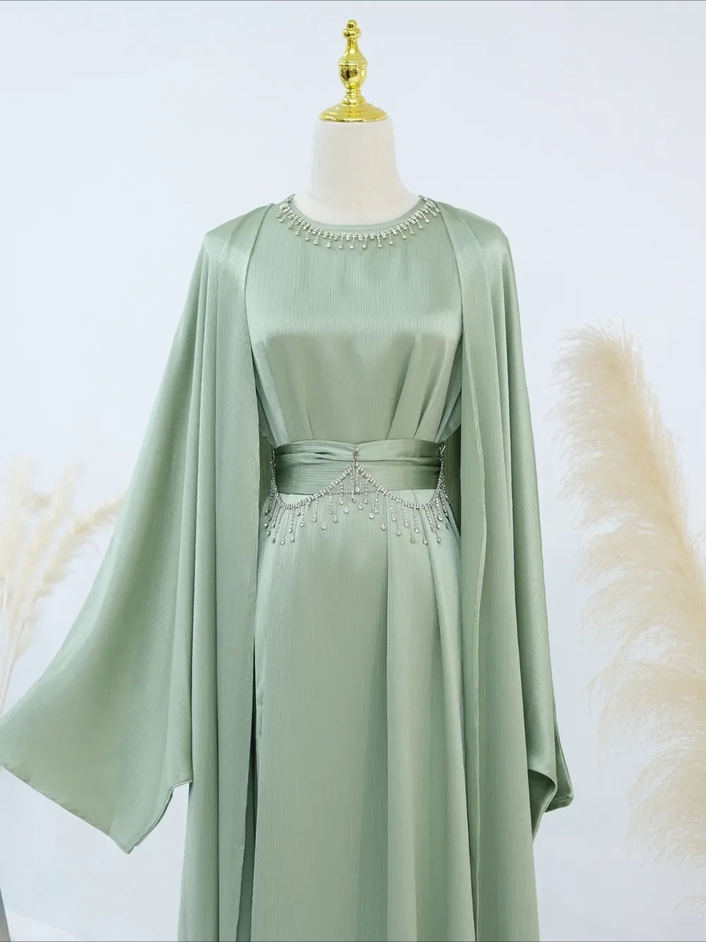 Ramadan Muslim Women 2 Piece Set with Chain Party Dresses Abaya Eid Jalabiya Sashes Diamond Morocco Dubai Kaftan Cardigan Robe