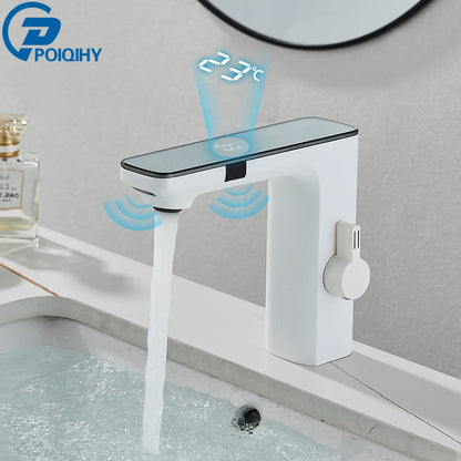 White Smart Sensor Basin Faucet Screen Digital Display Hot Cold Water Mixer Tap Touchless Vanity Sink Faucet For Bathroom