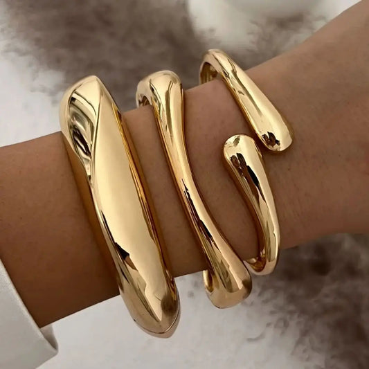 DIEZI 3 Styles Vintage Hip Hop Metal Cuff Bangles Punk Gold Silver Color Geometric Spring Bangles For Women Bracelet Men Jewelry.