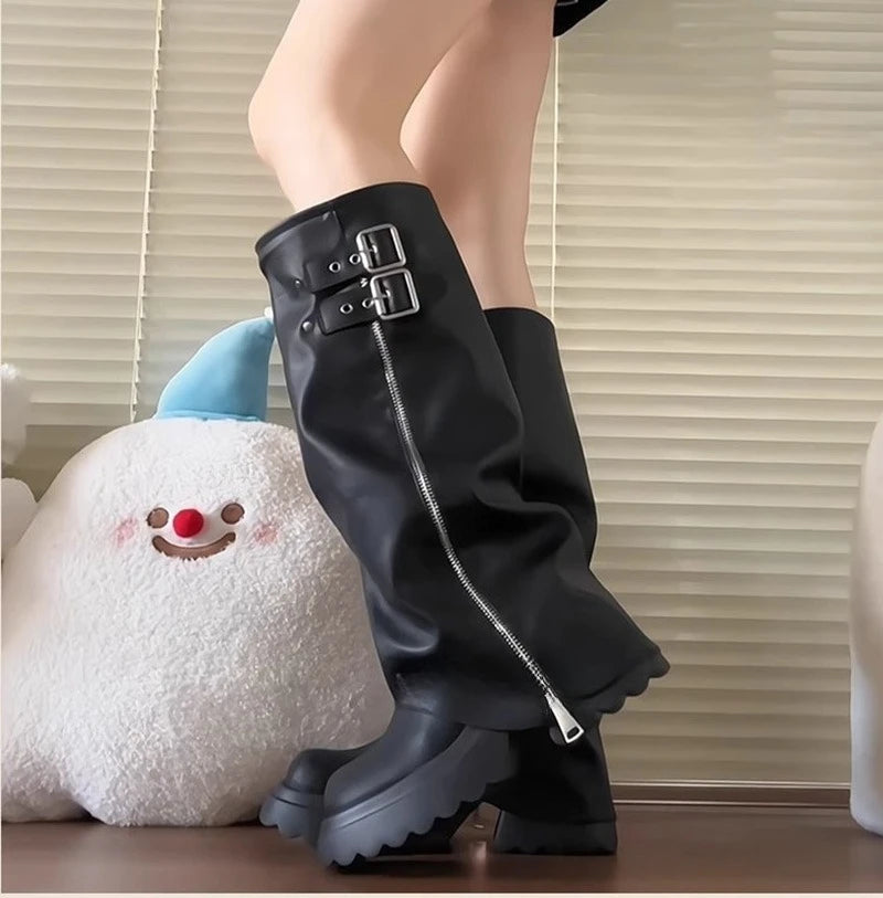 Punk Style Splicing Thick Bottom Women Knee-High Boots Fashion Zipper Female Pleated Knight Long Booties Shoes.