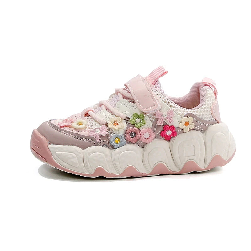 Girls Flowers Sports Shoes Children Princess Embroidered Running Shoes Air Mesh Girls Casual Sneakers Summer 2025 New.