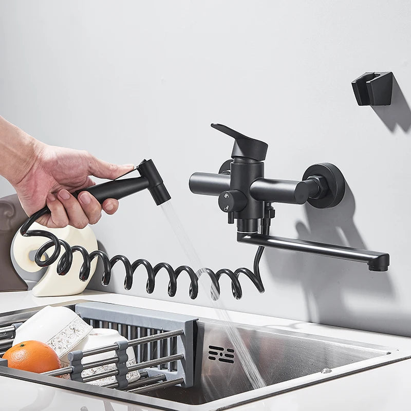 Kitchen Faucets Stainless Steel Wall Mounted Dual Hole Bathroom 360 Rotate Basin Faucet Cold Hot Water Mixer Taps With spray gun