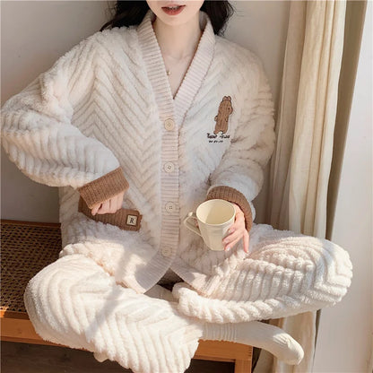 Winter Women Warm Fashion Pajama Sets Sweet   Elegant French Style Girlish Leisure Thicken Flannel Comfort Pajamas