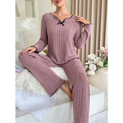 Women Autumn Winter Sleepwear Ribbed Pajamas Set Long Sleeve Top and Long Pants 2 Piece Set Casual Homewear Loungewear.