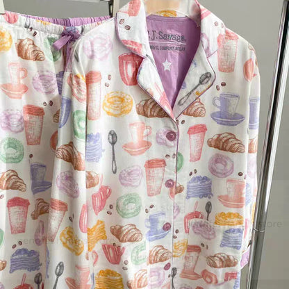 2025 Autumn New Home Clothes Lady Cotton Pajamas Suit Cute Cartoon Print Nightwear Luxury Shirt Pants Girlfriend Gift Loungewear.