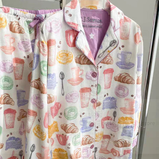 2025 Autumn New Home Clothes Lady Cotton Pajamas Suit Cute Cartoon Print Nightwear Luxury Shirt Pants Girlfriend Gift Loungewear.