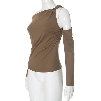 PixieKiki Twisted Hollow Out Off Shoulder Long Sleeve Tops 2000s Clothes Y2k Asymmetrical T Shirts for Woman P85-BE15