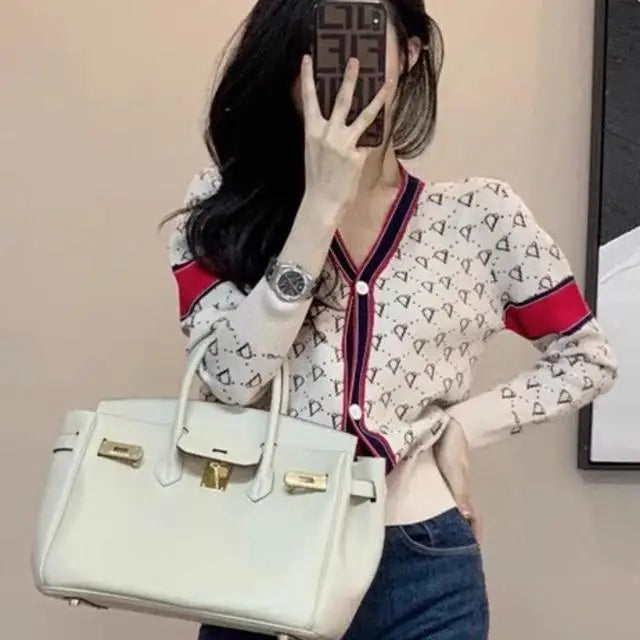 Women Knitwear Fashion Letter Jacquard Thin Cardigan Spring Slim Y2K V-neck Long Sleeve Tops Commute Vintage Sweaters.