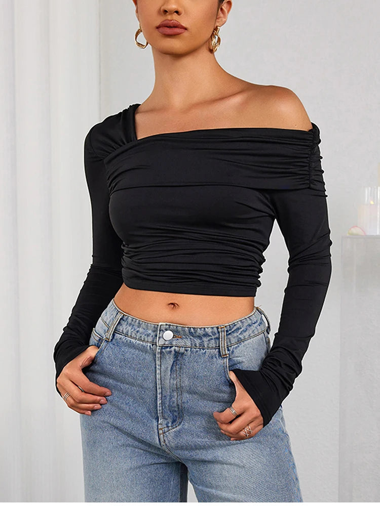 NewAsia Sexy Tight One Shoulder Top Long Sleeve Double Layer Crinkle Texture Asymmetrical Party Chic Blouse Women Fashion Tops.