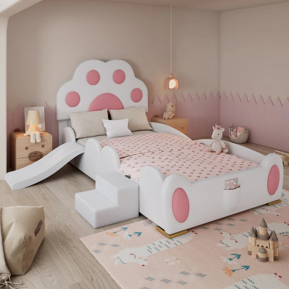 Cartoon süßes rosa Prinzessinnenbett, gepolstertes Bett, 90 x 200 cm, mit Kinderrutsche und zweistufiger Leiter, für Mädchenschlafzimmer
