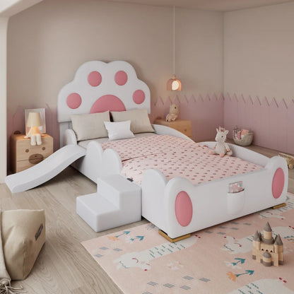 Cartoon süßes rosa Prinzessinnenbett, gepolstertes Bett, 90 x 200 cm, mit Kinderrutsche und zweistufiger Leiter, für Mädchenschlafzimmer