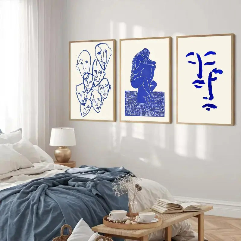 Abstract Blue Geometric Face Lines Canvas Painting Curve Girl Vase Dove Wall Art Posters Print Picture Nordic Bedroom Home Decor.