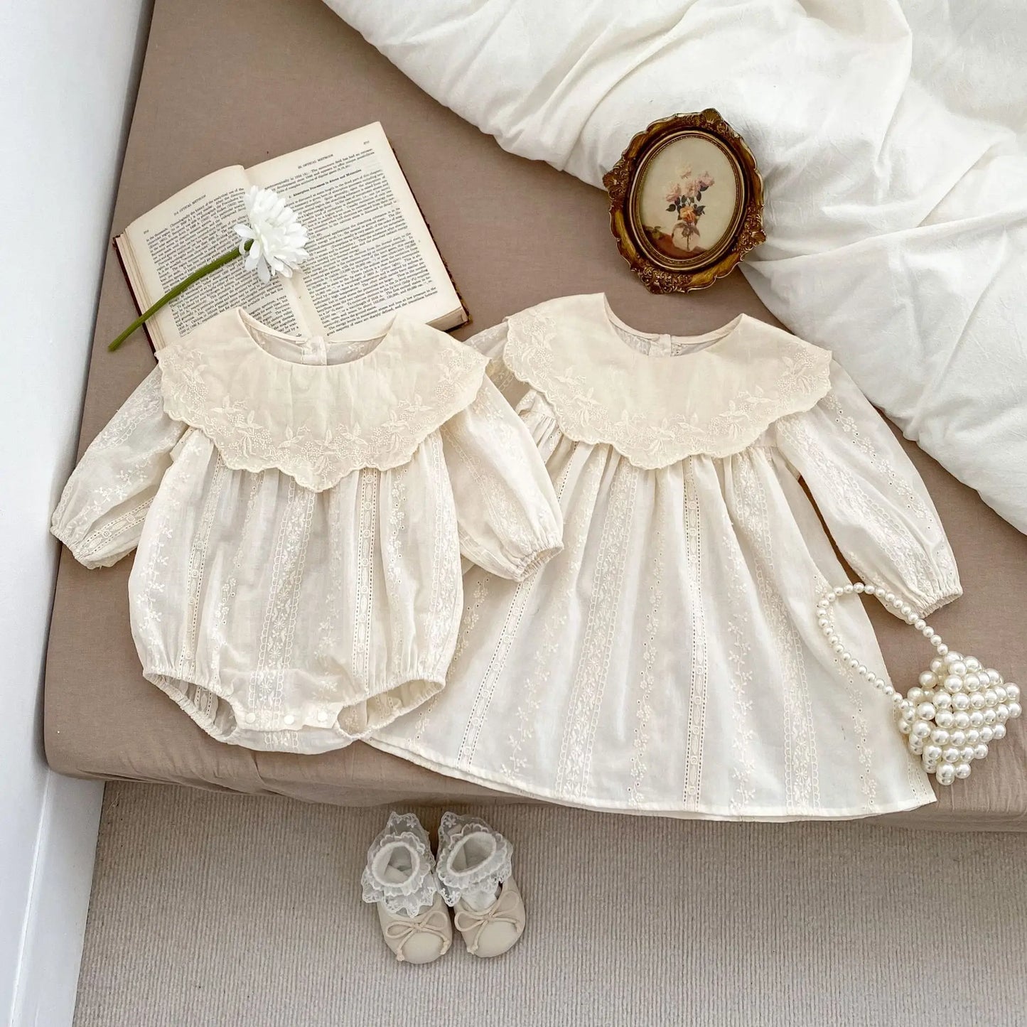 Frühling Baby Body Schwestern Kleid Blume Stickerei Kleid für Kleinkind Mädchen Kleinkind Outfit.