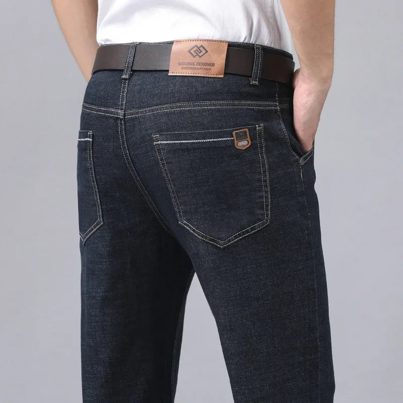 2024 New Brand Men's Fit Straight Lightweight Cotton Stretch Denim Pants Casual Male High Waist Thin Light Blue Business Jeans