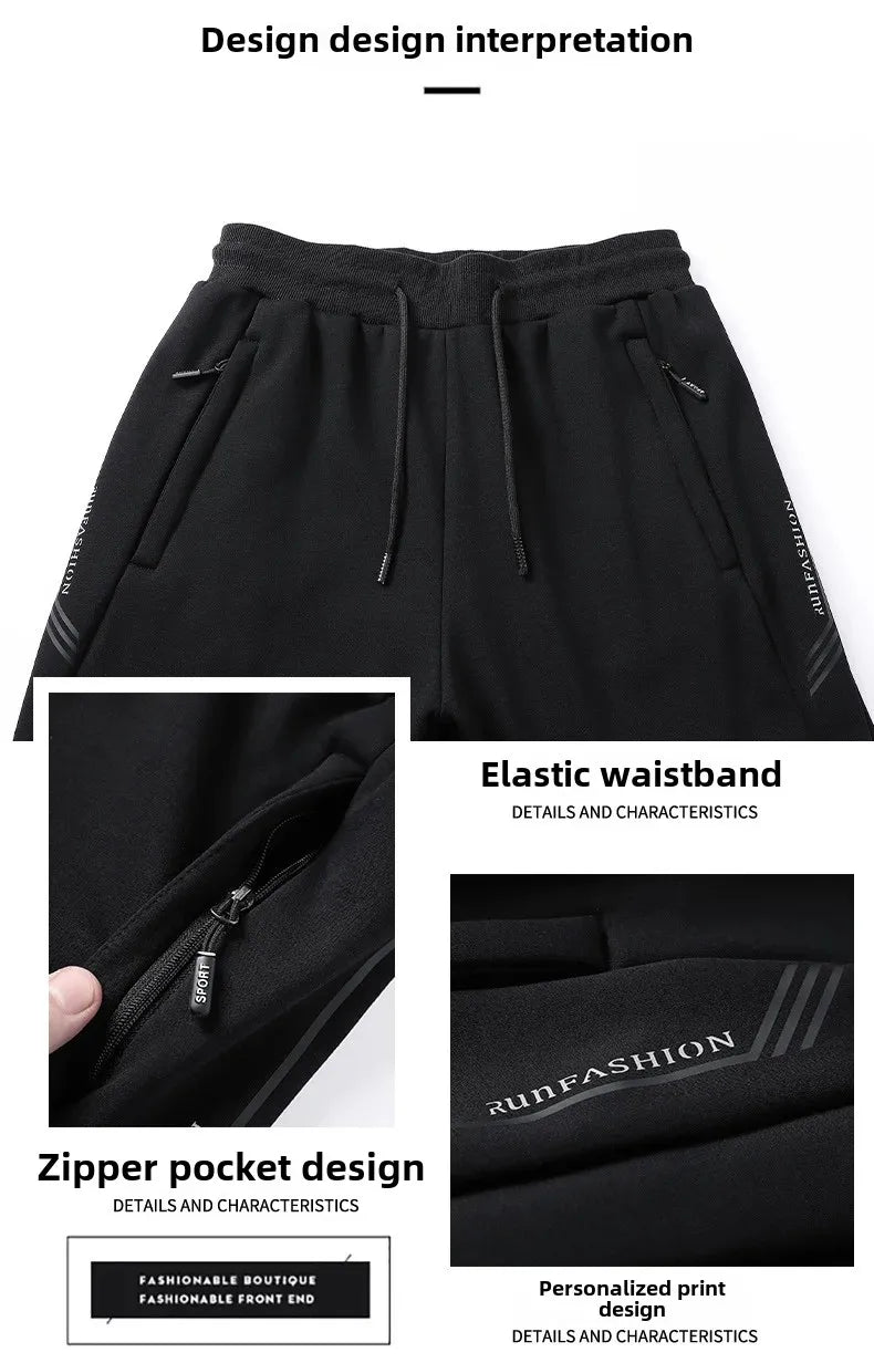 Herbst/Winter Fleece-gefütterte Herren-Hose mit Reißverschluss, warmes Fuß, Freizeithose, Übergröße, lockere Passform, gerade Bein-Jogginghose, trendig.