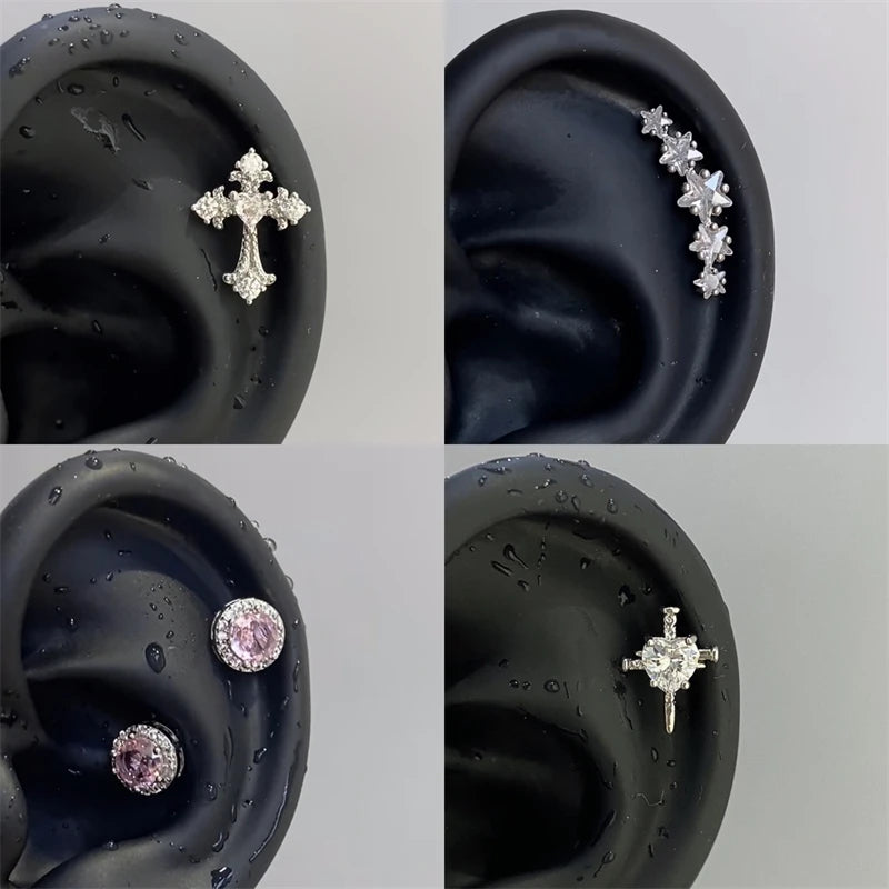 1pcs Quality Shiny Cross Zircon 316L Stainless Steel Ear Bone Nail Y2K Style Silver Color Earring for Women Cochlear Accessories.