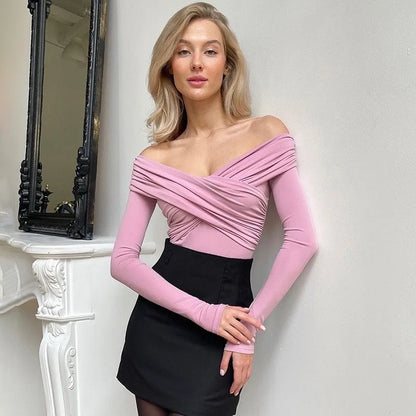 2025 Autumn New Women's Chic V-Neck Off-Shoulder Long Sleeve Slim Fit Office Casual & Daily Jumpsuit Versatile Tunic Tops.