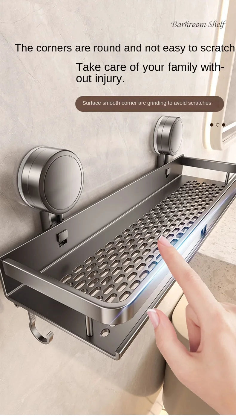 Bewegliches Badezimmerregal ohne Bohren – 30/40/50 cm Saugnapf-Organizer mit Haken/Stange, einfach zu installieren und zu reinigen, wasserdichtes Toilettenregal