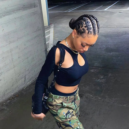 2023 sommer Langarm Abgeschnitten Korsett Frauen Top Sexy Ästhetischen Club O Neck Fee Grunge Schwarz frauen T-Shirt