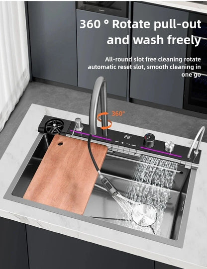 Stainless Steel Kitchen Sink Waterfall Faucet Large Single Sink Intelligent Dishwasher Sink Digital Display and Light Effects