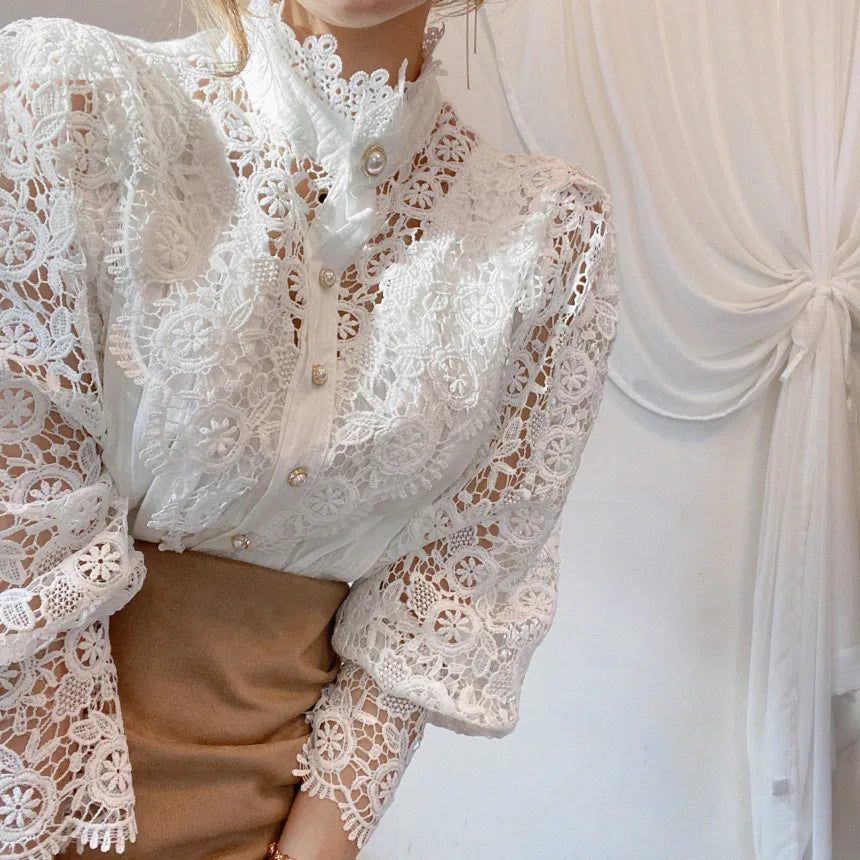 Fashion Long Sleeve Women Blouse Hollow Out Lace Blouse Shirt Tops Women Blusas Mujer De Moda 2024 Blouses Femme Women Shirts.