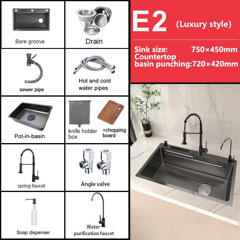 Stainless Steel Kitchen Sink Embossed Large Single-Slot With Kitchen Faucet Multifunctional Washbasin for Apartment