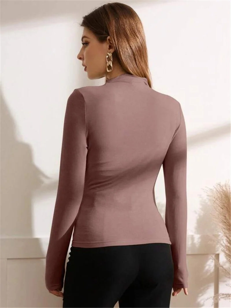 Autumn Winter Warm Fashion Pleated T-Shirt Women Solid Color Stand-up Collar Slim Tops Female Daily Casual Trend Streetwear Tees.